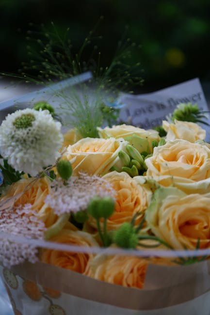 A close-up of a floral arrangement featuring soft peach roses and white pom-pom chrysanthemums, accented with delicate green foliage and small seed-heads. The bouquet is wrapped in white and gold pape