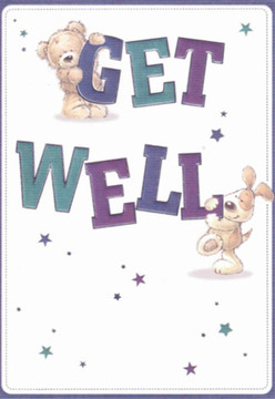 Instantly comforting, this get well card is at home in Ardleigh Green's warm, neighbourly atmosphere. Its playful artwork depicts a cuddly teddy bear perched atop the boldly coloured 'GET' and a spirited puppy nuzzling the bright 'WELL' below. Expressive faces and rounded contours fill the scene with gentle encouragement, capturing the kind of hope and care you might experience from a friend dropping by with flowers from a local shop near Squirrels Heath Lane. The striking text-layered in hues of purple and teal-dances across a crisp white background, their lively tones echoing the cheerful bustle of Ardleigh Green's local green spaces. Scattered stars add magical accents, flickering with the quiet optimism that comes with each good wish. The artists' textural touches make the fur of the bear and puppy seem almost tangible, inviting thoughts of comfort and warmth. Like a bouquet arranged for encouragement, each visual element is thoughtfully placed, working together to brighten a difficult moment-a small yet meaningful gesture that resonates across the Ardleigh Green community, conveying heartfelt wishes for well-being.